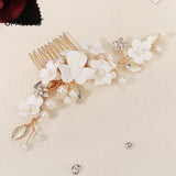Rhinestone Hair Accessory Ceramic Flower Faux Pearls Hair Comb