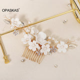 Rhinestone Hair Accessory Ceramic Flower Faux Pearls Hair Comb