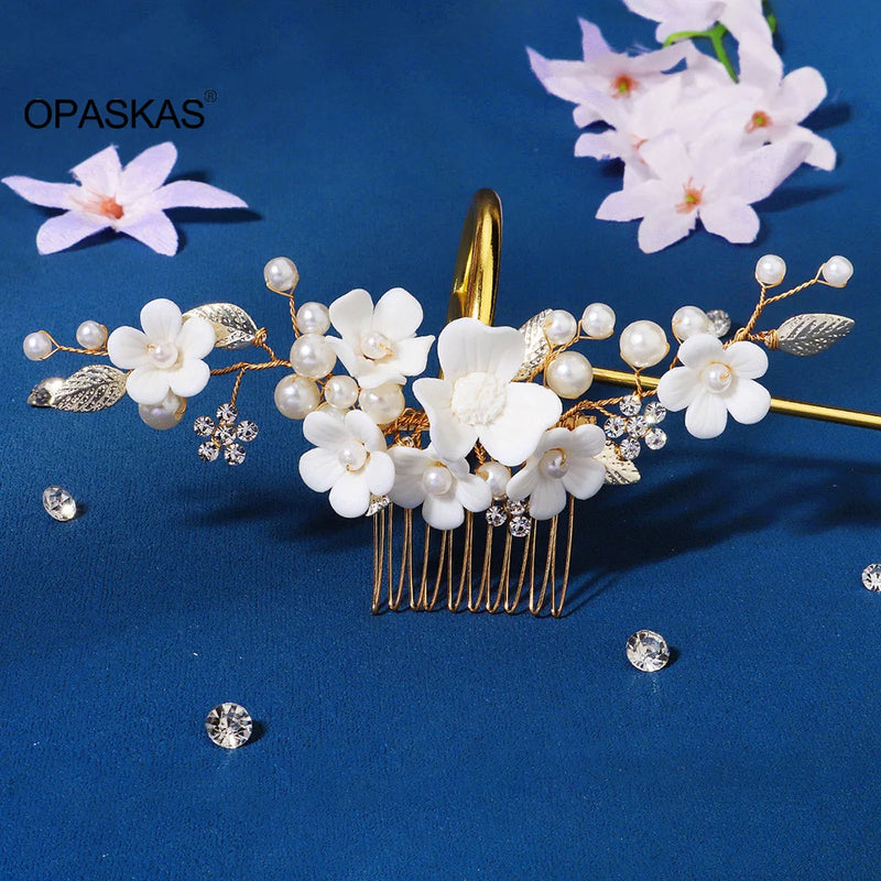 Rhinestone Hair Accessory Ceramic Flower Faux Pearls Hair Comb