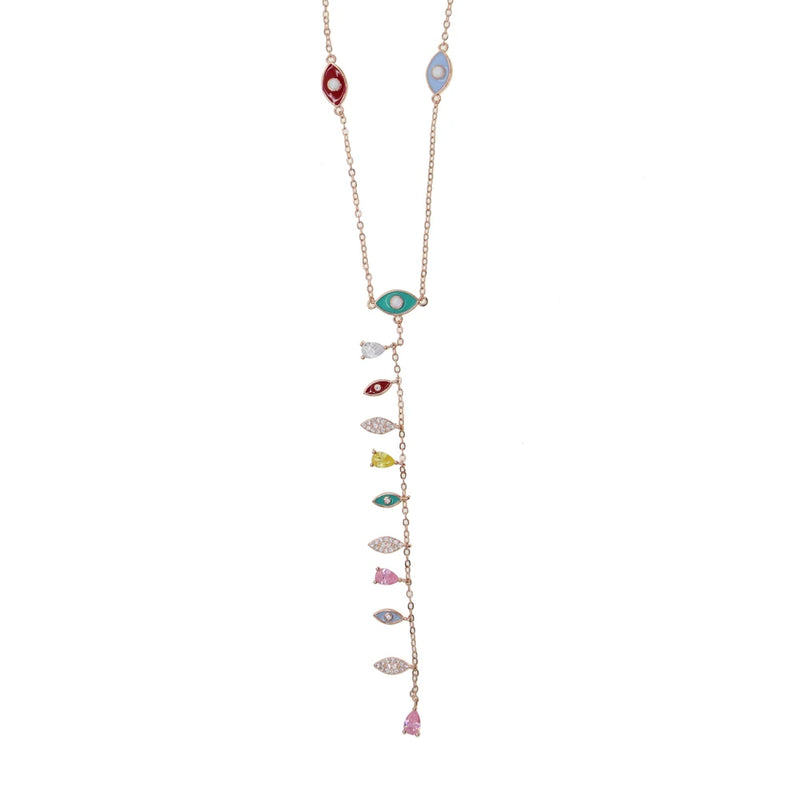 Rose Silver Long Y Lariat Cz Evil Eye Charm Necklace