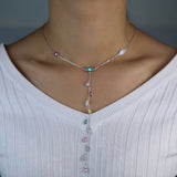Rose Silver Long Y Lariat Cz Evil Eye Charm Necklace