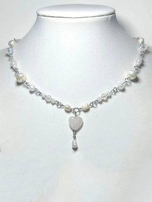 Rose Quartz Heart Drop Pearl Necklace Y2K Cottage Core