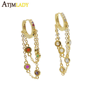 925 Silver Rainbow Tassel Chain Small Hoop Earrings for Women