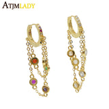 925 Silver Rainbow Tassel Chain Small Hoop Earrings for Women