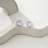 925 Silver Purple Heart Stud Earrings Shining Pink Stone Love Ear Studs