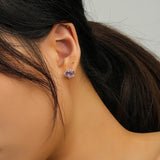 925 Silver Purple Heart Stud Earrings Shining Pink Stone Love Ear Studs