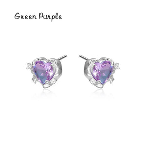 925 Silver Purple Heart Stud Earrings Shining Pink Stone Love Ear Studs