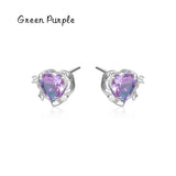 925 Silver Purple Heart Stud Earrings Shining Pink Stone Love Ear Studs
