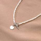 925 Sterling Silver Necklace Pearl Geometric Hexagon OT Buckle