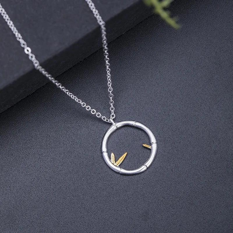 925 Silver Bamboo Necklace Female Leaf Pendant