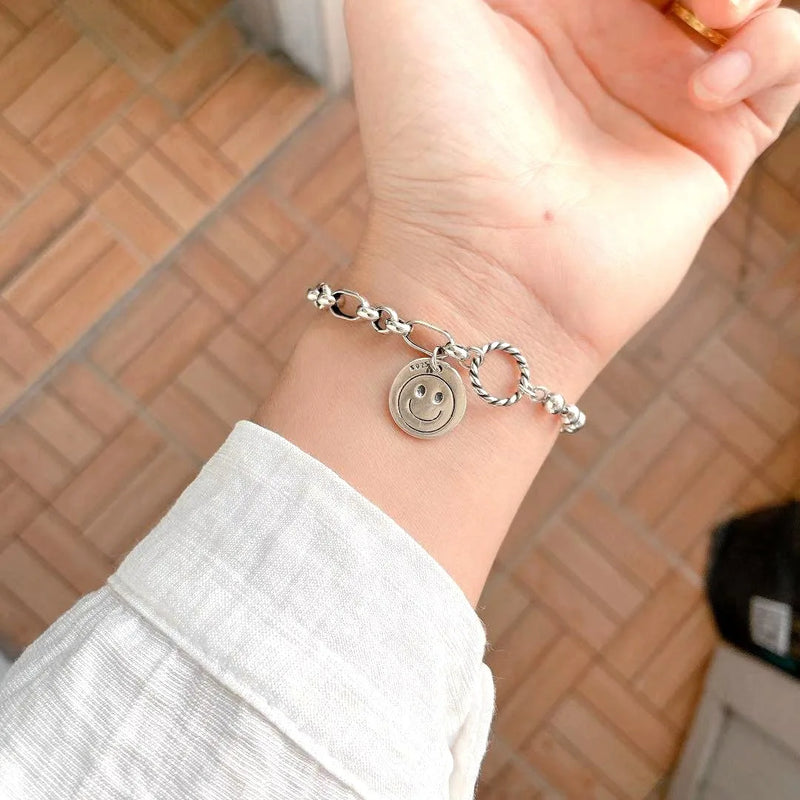 S925 Face Bracelet Thai Silver Ins Retro Expression Stitching Silver Beads