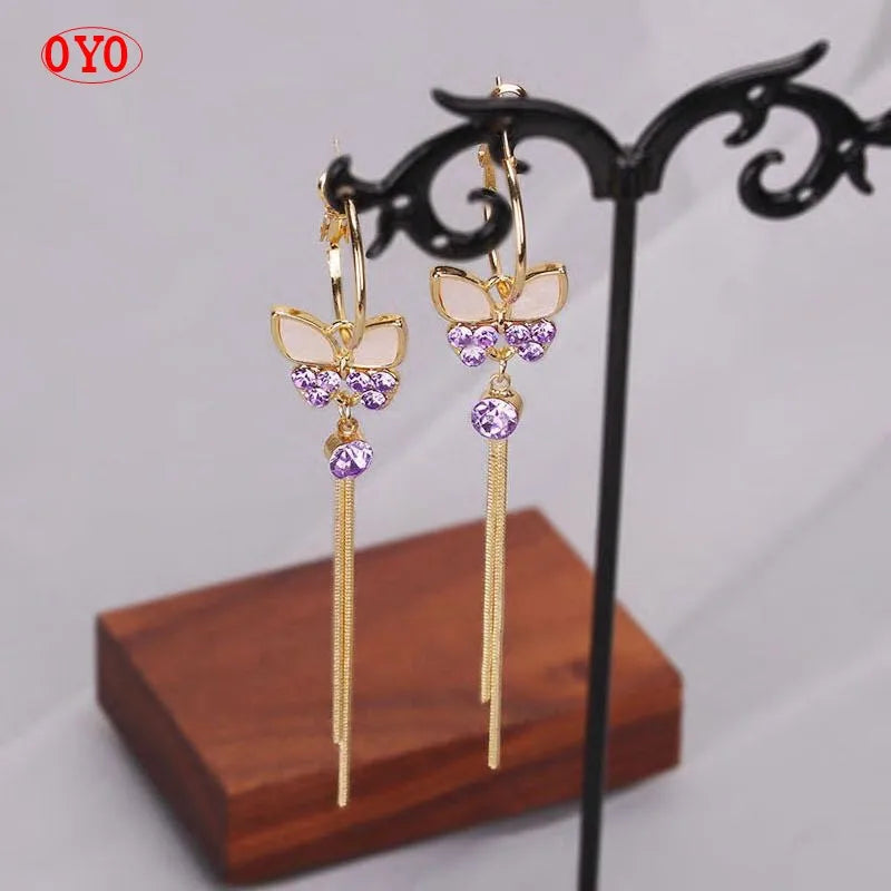 925 Silver Shell Butterfly Tassel Purple Earrings
