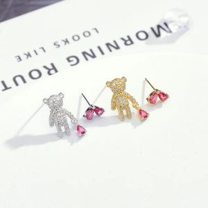 S925 Silver Bear Earrings with Crystal, Asymmetric Student Earrings