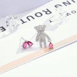 S925 Silver Bear Earrings with Crystal, Asymmetric Student Earrings