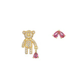 S925 Silver Bear Earrings with Crystal, Asymmetric Student Earrings