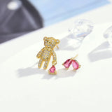 S925 Silver Bear Earrings with Crystal, Asymmetric Student Earrings
