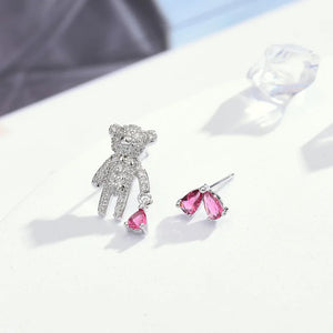 S925 Silver Bear Earrings with Crystal, Asymmetric Student Earrings