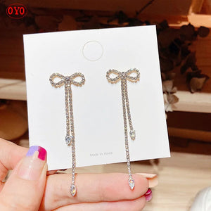S925 Silver Needle Bow Diamond Tassel Earrings