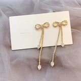 S925 Silver Needle Bow Diamond Tassel Earrings