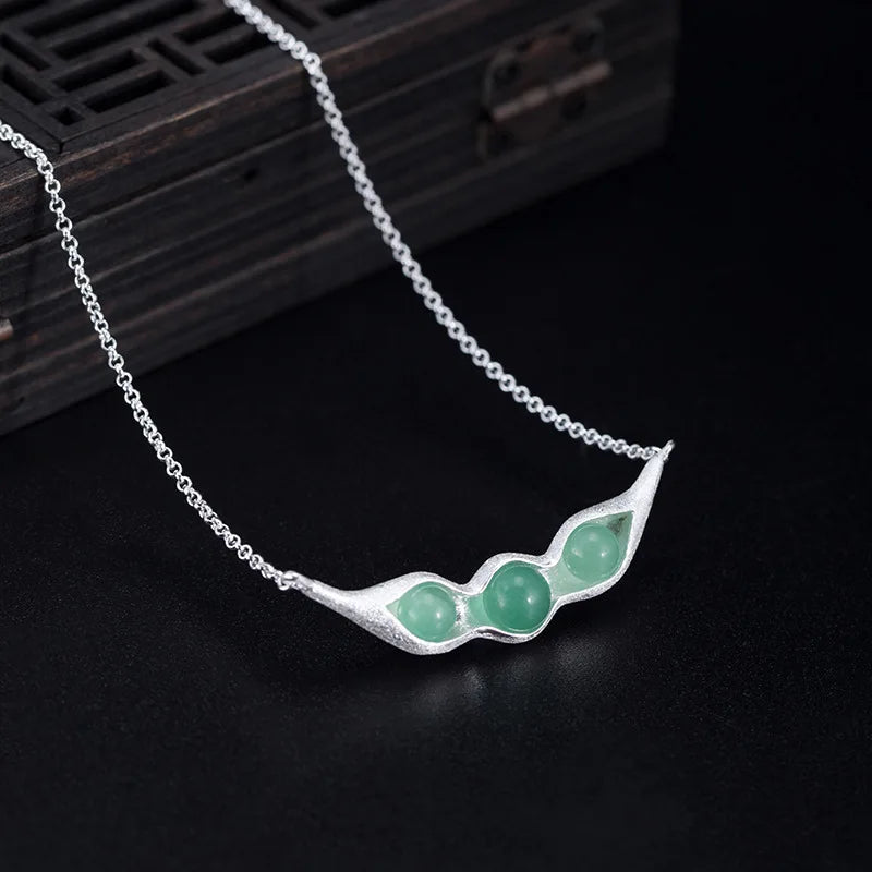 925 Sterling Silver Pea Pendant Collarbone Chain Dongling Jade Necklace