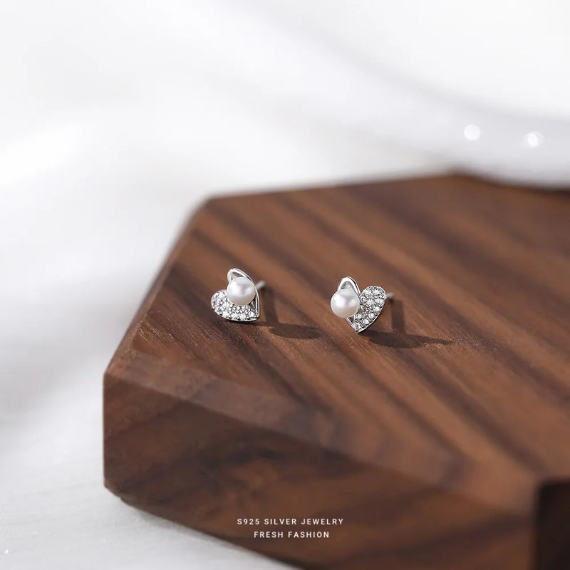 925 Silver Asymmetrical Pearl Love Earrings - Wedding Jewelry