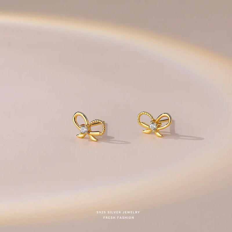 925 Silver Bow Earrings Zircon Inlaid French Retro Jewelry
