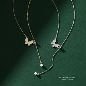 925 Sterling Silver Butterfly Pearl Necklace Tassel Collarbone Chain