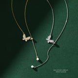 925 Sterling Silver Butterfly Pearl Necklace Tassel Collarbone Chain