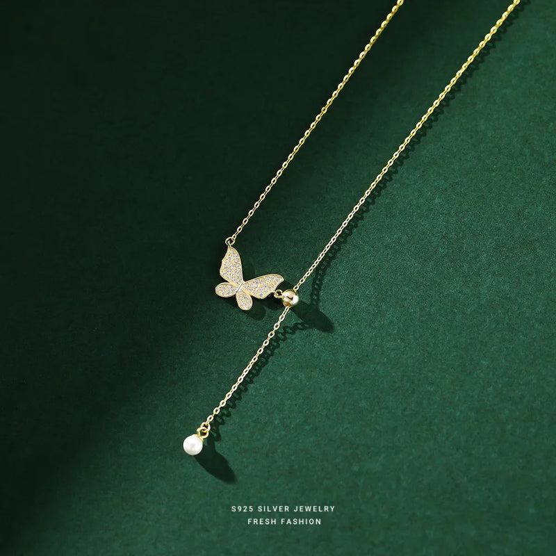 925 Sterling Silver Butterfly Pearl Necklace Tassel Collarbone Chain