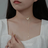 925 Sterling Silver Butterfly Pearl Necklace Tassel Collarbone Chain
