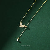 925 Sterling Silver Butterfly Pearl Necklace Tassel Collarbone Chain
