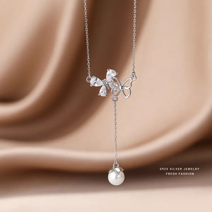 S925 Butterfly Tassel Pearl Necklace Women's Pendant