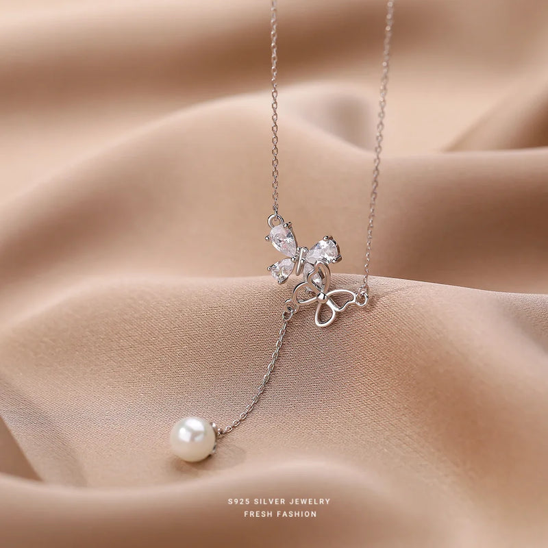 S925 Butterfly Tassel Pearl Necklace Women's Pendant