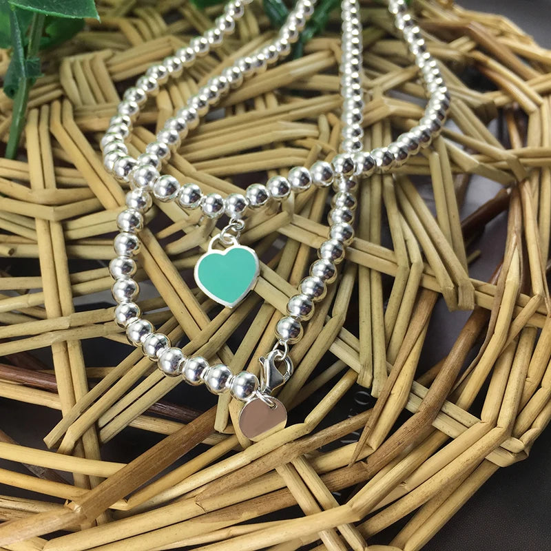 925 Silver Bead Heart Necklace Retro Jewelry Birthday