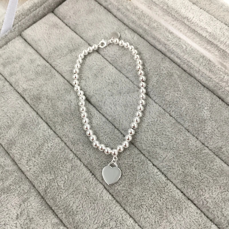 925 Sterling Silver Heart-Shaped Bead Bracelet Women's Retro Jewelry