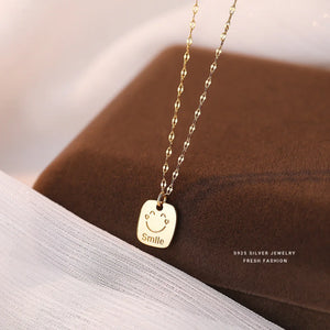 925 Silver Smile Face Square Necklace Hip-Hop Clavicle Chain