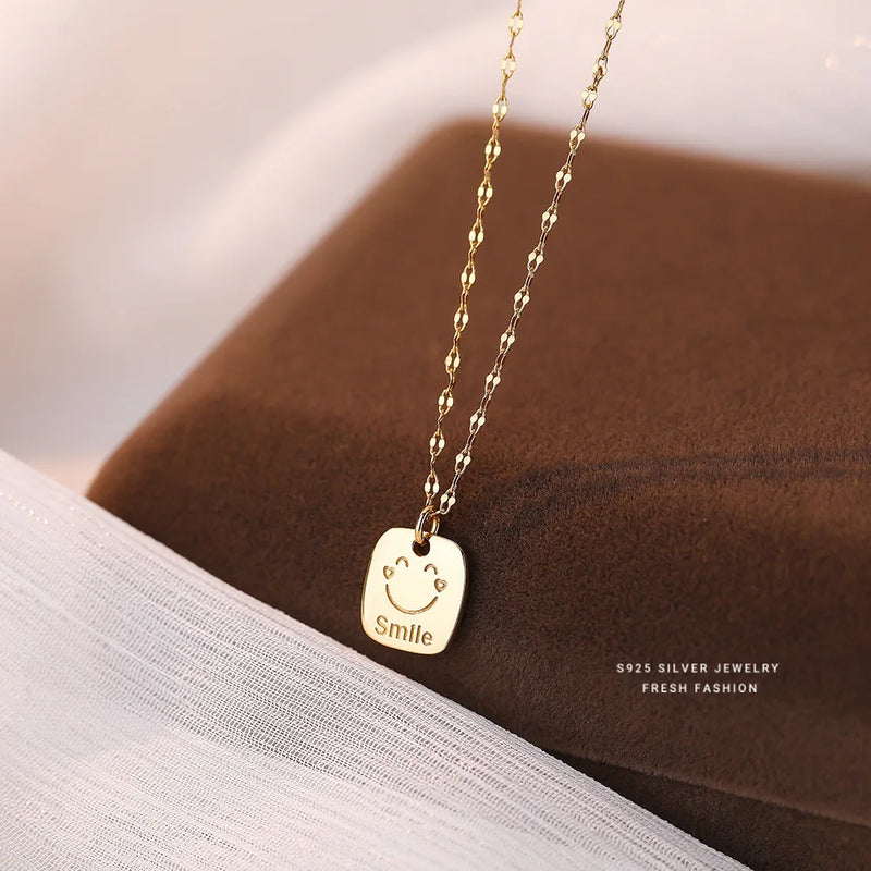 925 Silver Smile Face Square Necklace Hip-Hop Clavicle Chain