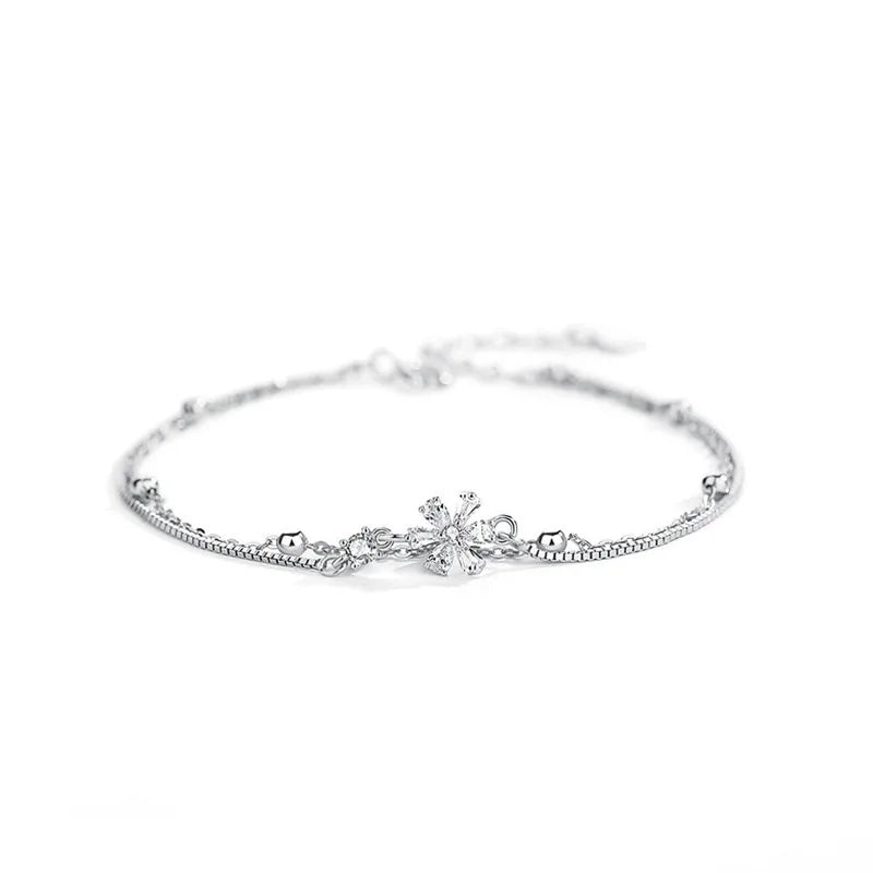 925 Silver Double-Layer Cherry Blossom Bracelet with Diamonds