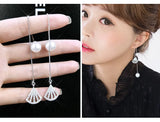 925 Silver Geometric Fan Earrings with Rhinestone & Pearl