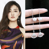 925 Silver Geometric Fan Earrings with Rhinestone & Pearl