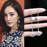 925 Silver Geometric Fan Earrings with Rhinestone & Pearl