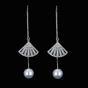 925 Silver Geometric Fan Earrings with Rhinestone & Pearl