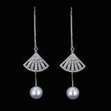925 Silver Geometric Fan Earrings with Rhinestone & Pearl
