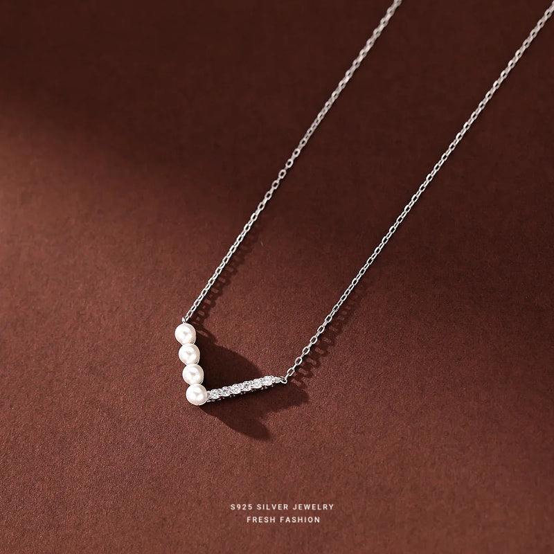 925 Silver Geometric Line Pearl Necklace Women's High-End Jewelry
