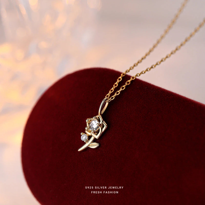 S925 Sterling Silver Rose Necklace French Pendant Collarbone Chain