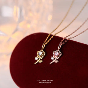 S925 Sterling Silver Rose Necklace French Pendant Collarbone Chain