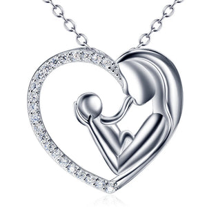 925 Silver Mother Son Heart Zircon Pendant Necklace