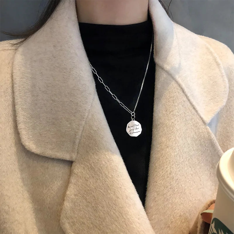 925 Silver Retro Letter Round Card Necklace