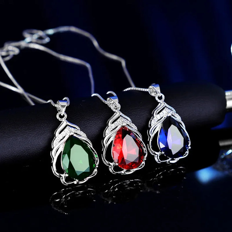 S925 Sterling Silver Water Drop Pendant Necklace Green Red