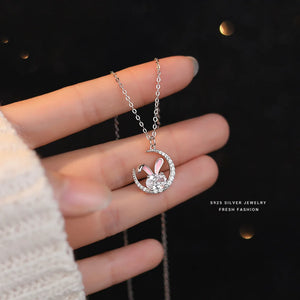 925 Moon Rabbit Necklace Zirconia Collarbone Chain Wedding Jewelry
